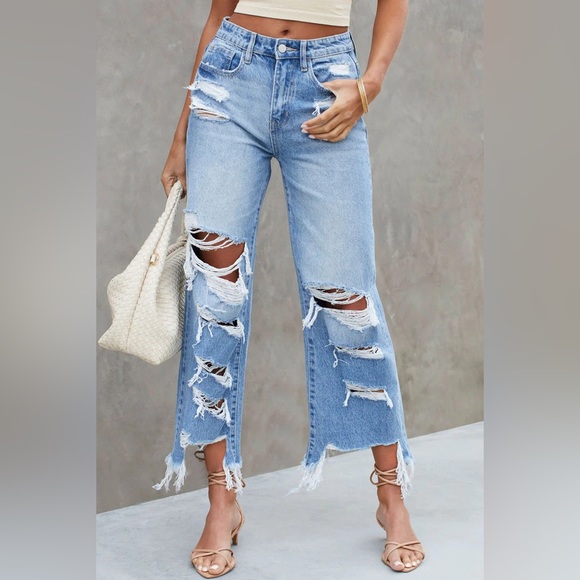 Distressed Raw Hem Jeans with Pockets main image 1